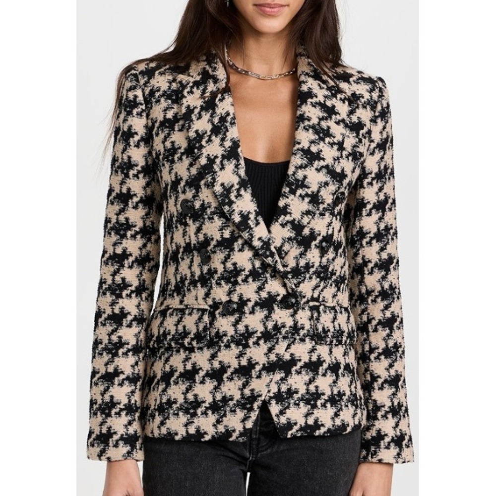 L'AGENCE Kenzie Double-Breasted Houndstooth Blazer Tan Ecru/Black Women Size 6